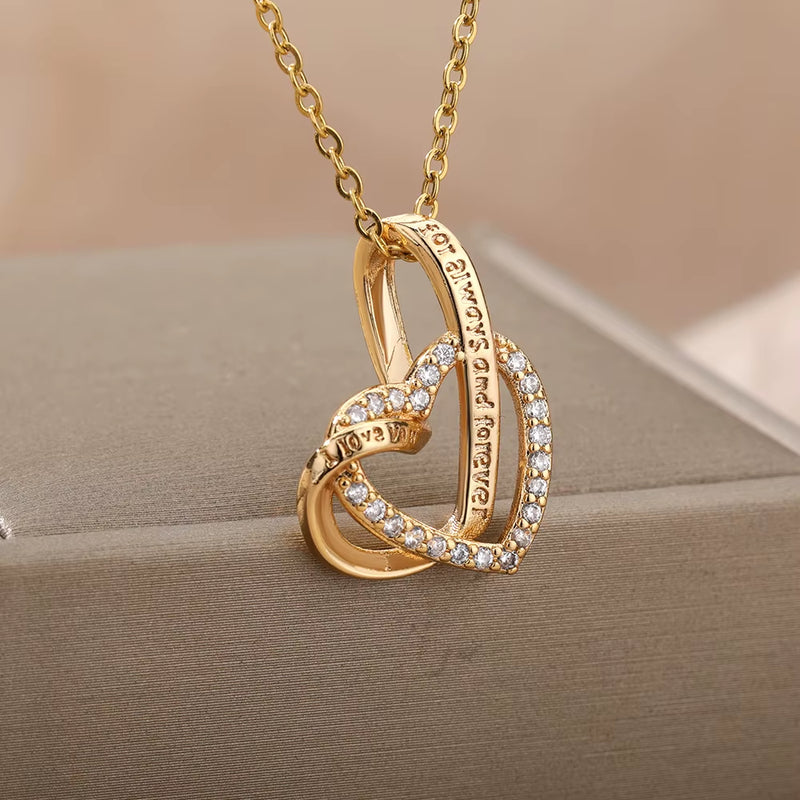 Double Heart Gold Stainless Steel Couple Jewelry for Valentine's Day Gift